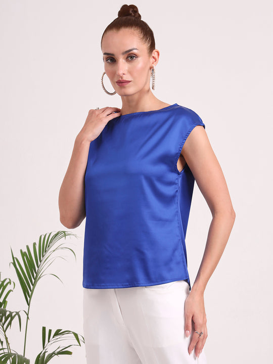 Women's European Satin Solid Crew Neck Top