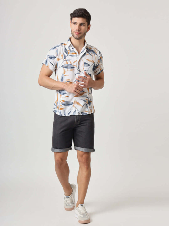 Amswan Men'S Premium Rayon Shirt With Blue Leaf Print