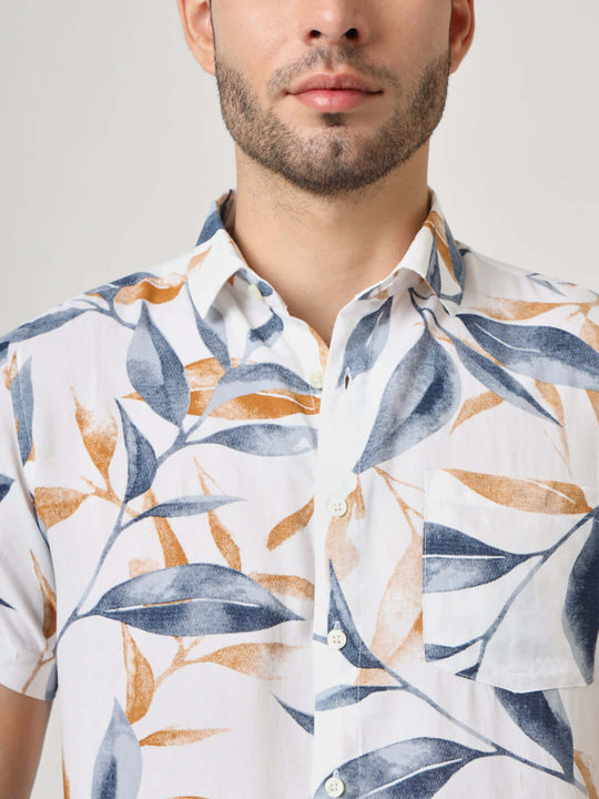 Amswan Men'S Premium Rayon Shirt With Blue Leaf Print