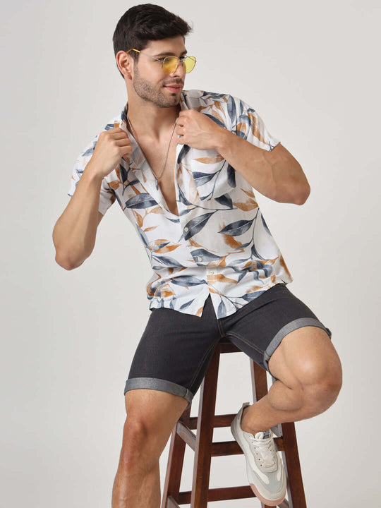 Amswan Men'S Premium Rayon Shirt With Blue Leaf Print