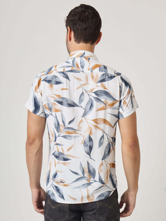 Amswan Men'S Premium Rayon Shirt With Blue Leaf Print