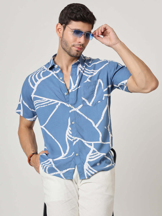 Blue And White Abstract Print Premium Rayon Shirt