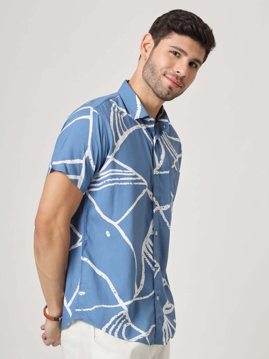 Blue And White Abstract Print Premium Rayon Shirt