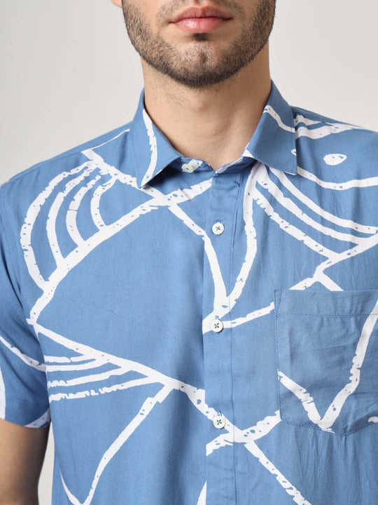 Blue And White Abstract Print Premium Rayon Shirt