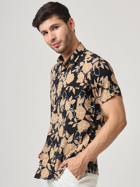 Black And Brown Floral Print Premium Cotton Shirt