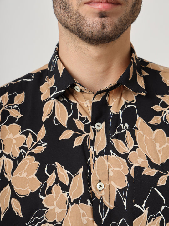 Black And Brown Floral Print Premium Cotton Shirt