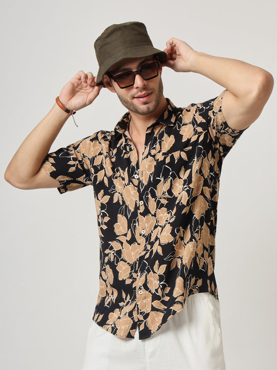 Black And Brown Floral Print Premium Cotton Shirt