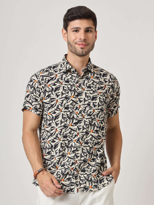 Off White And Black Abstract Print Premium Rayon Shirt