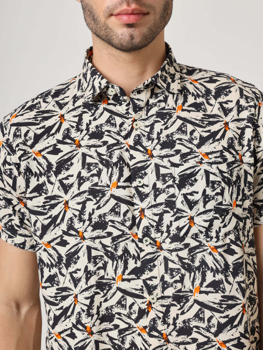 Off White And Black Abstract Print Premium Rayon Shirt