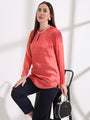 Summer Satin Coral Mandarin Collar Button Tunic