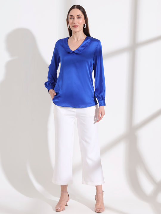 Summer Satin Royal Blue Peter Pan Collar Top