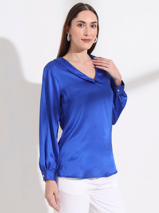 Summer Satin Royal Blue Peter Pan Collar Top