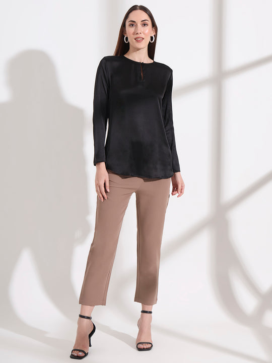 Summer Satin Black Mandarin Collar Button Tunic