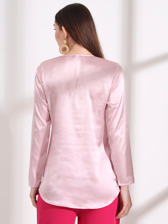 Summer Satin Light Pink Mandarin Collar Button Tunic