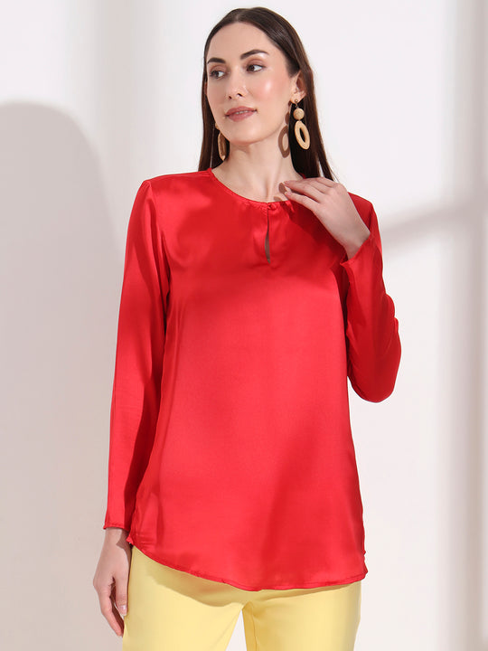 Summer Satin Red Mandarin Collar Button Tunic