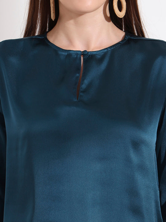 Summer Satin Deep Teal Mandarin Collar Button Tunic