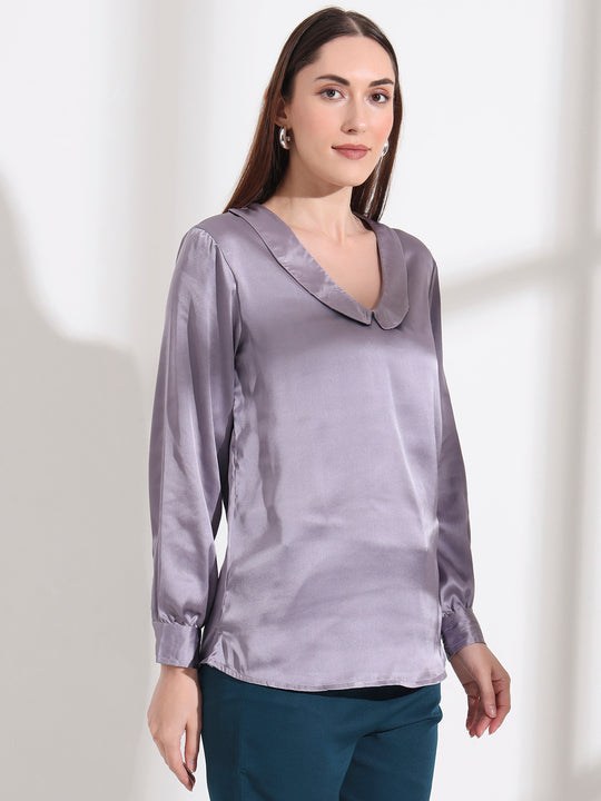 Summer Satin Bluish Grey Peter Pan Collar Top