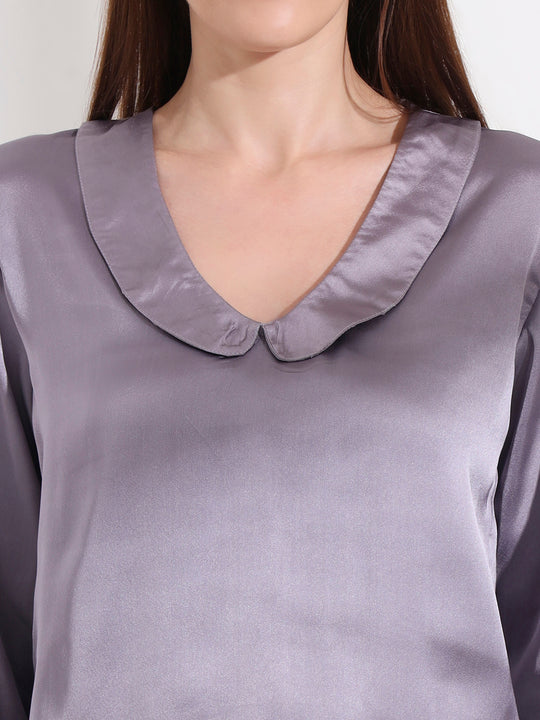 Summer Satin Bluish Grey Peter Pan Collar Top