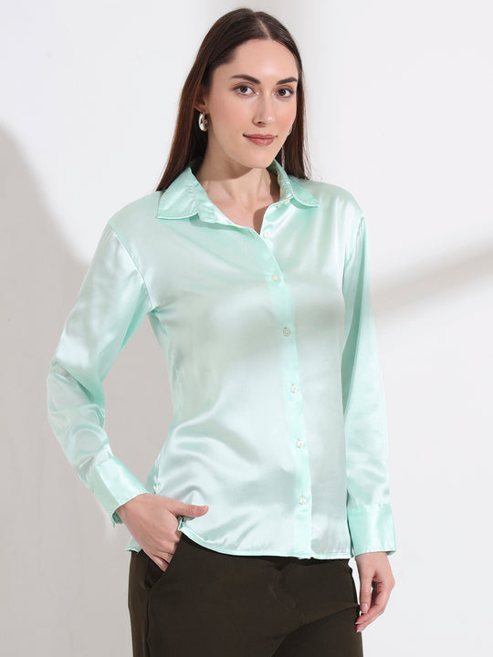 Mint Green Regular Fit Solid Satin Shirt