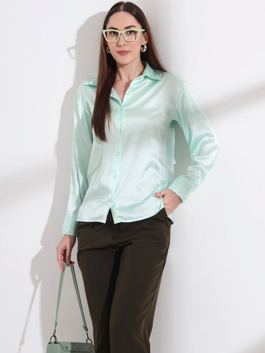 Mint Green Regular Fit Solid Satin Shirt