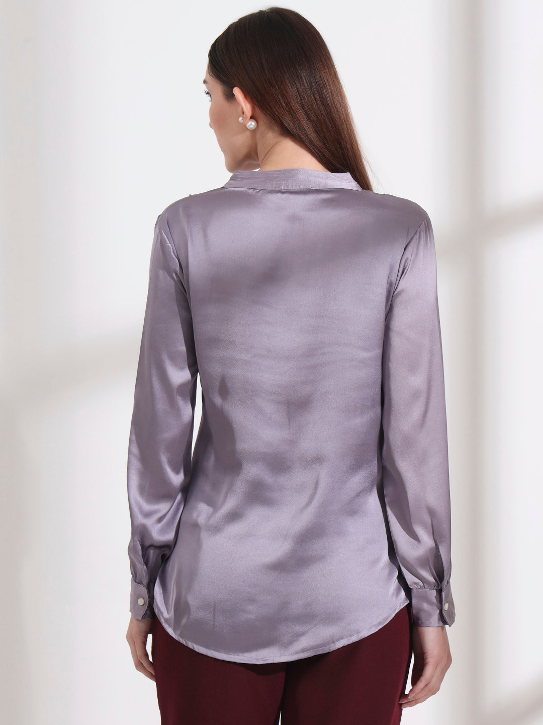 Summer Satin Bluish Grey Mandarin Collar Shirt