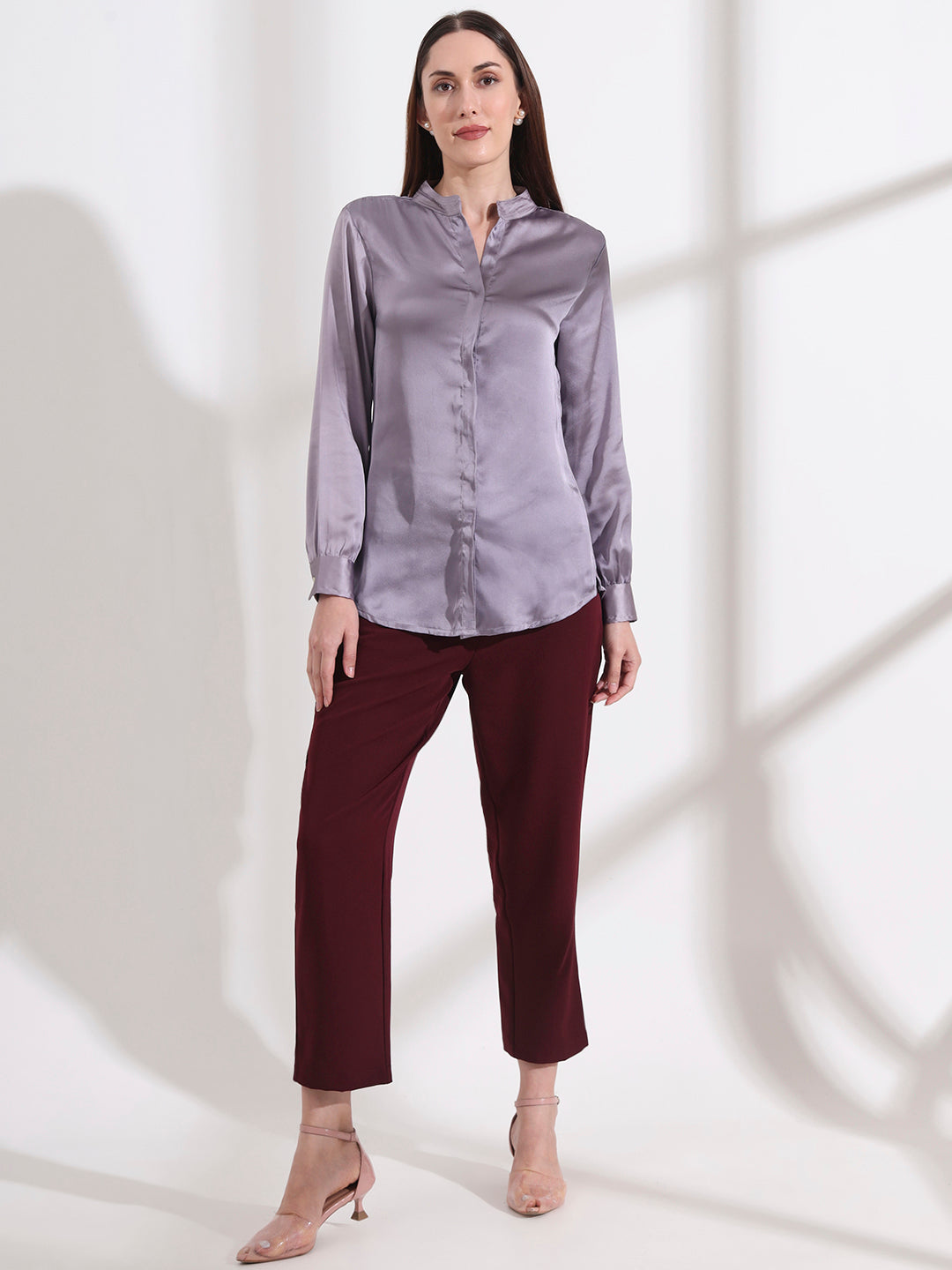 Summer Satin Bluish Grey Mandarin Collar Shirt