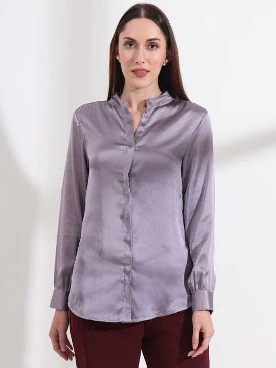 Summer Satin Bluish Grey Mandarin Collar Shirt