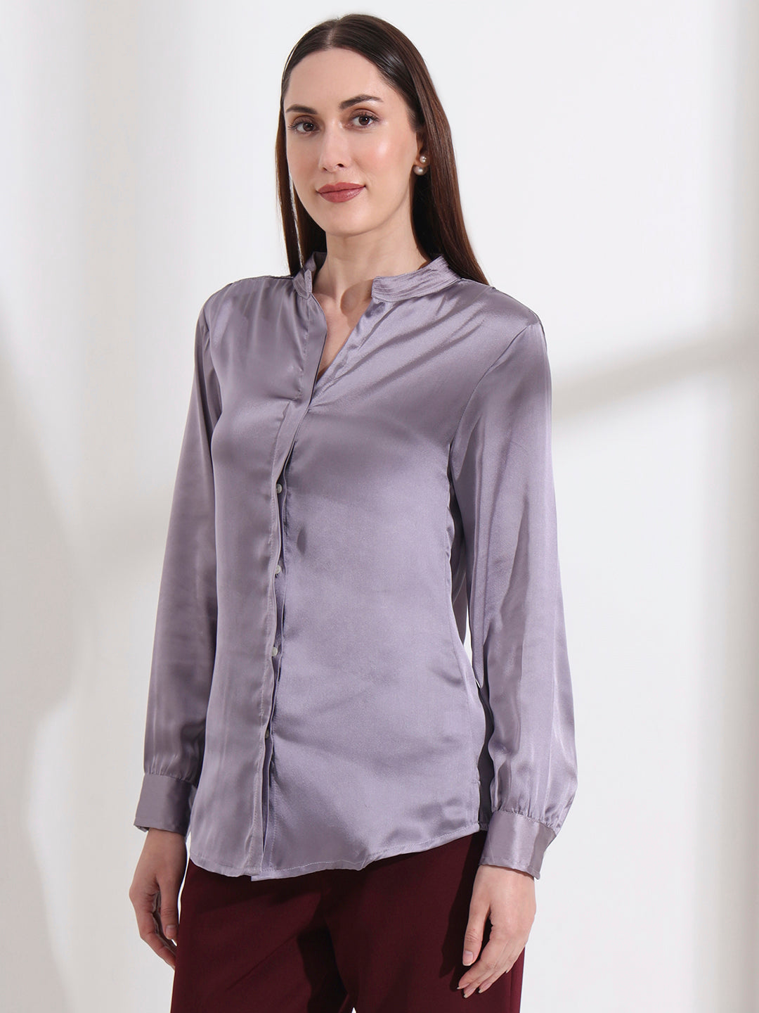 Summer Satin Bluish Grey Mandarin Collar Shirt