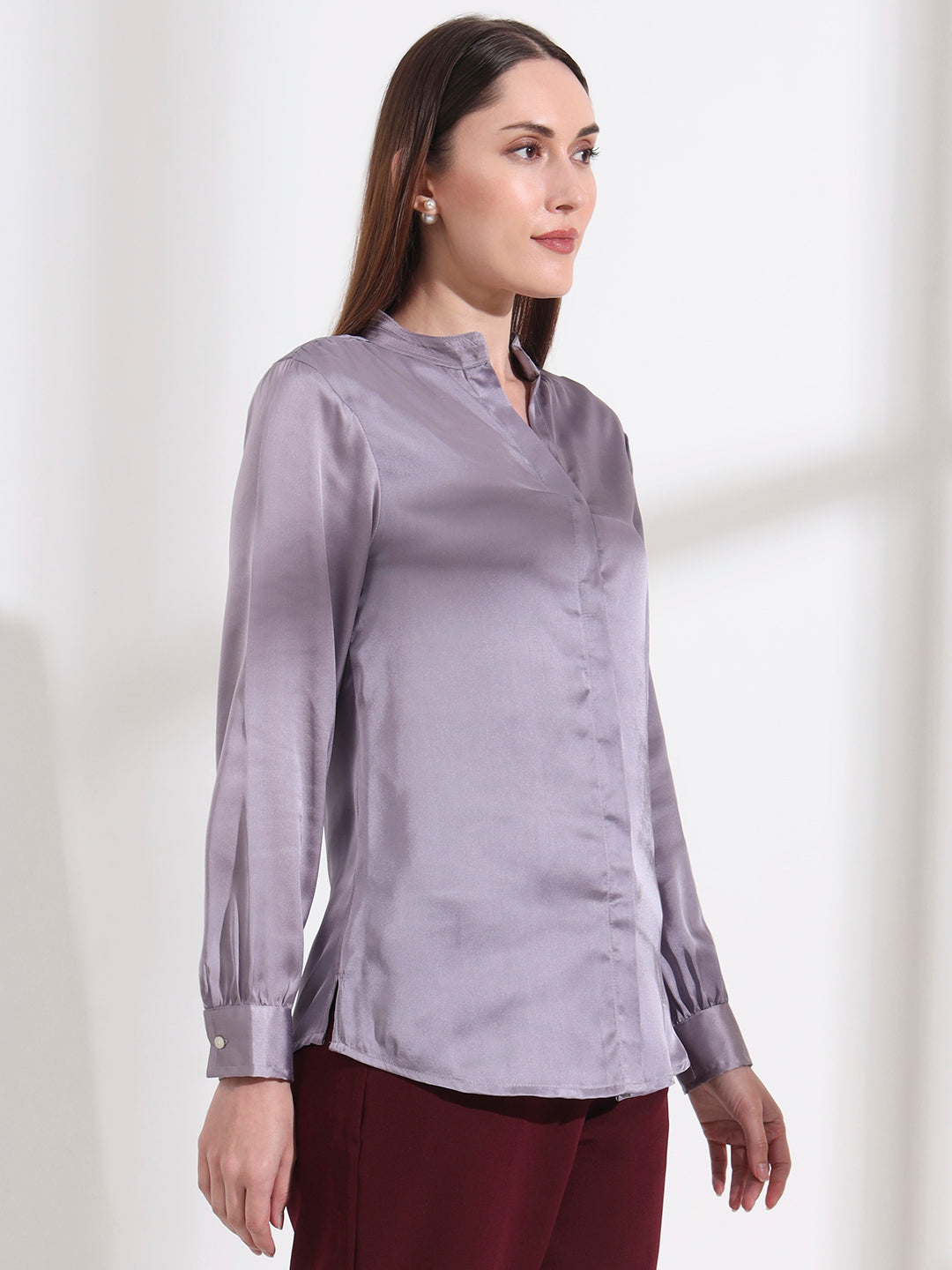 Summer Satin Bluish Grey Mandarin Collar Shirt