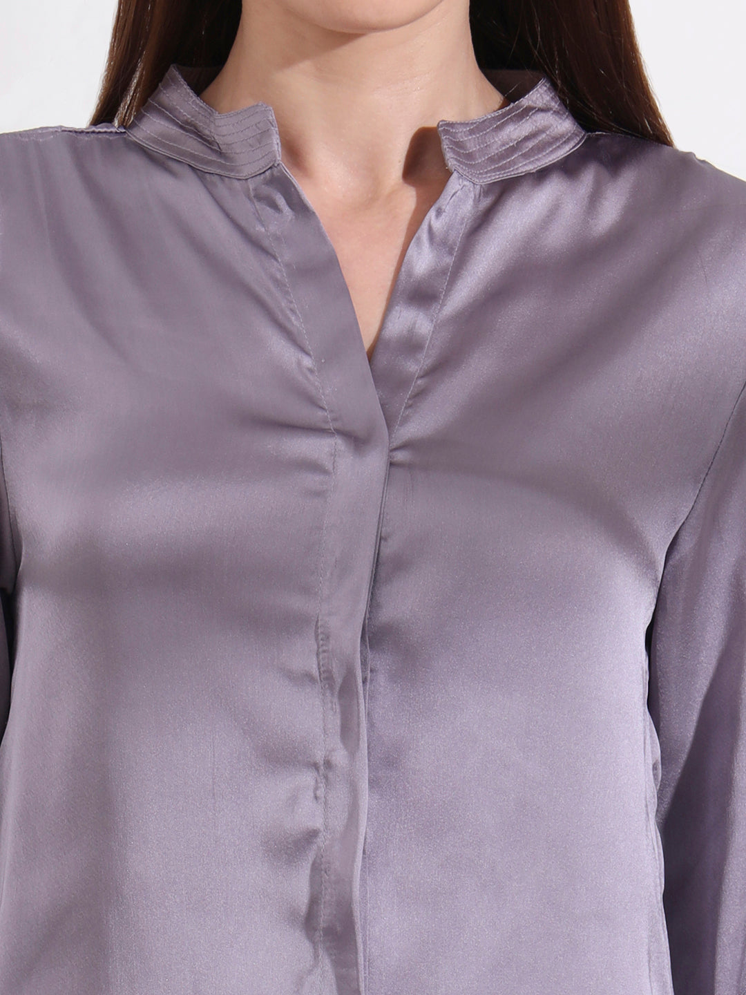 Summer Satin Bluish Grey Mandarin Collar Shirt