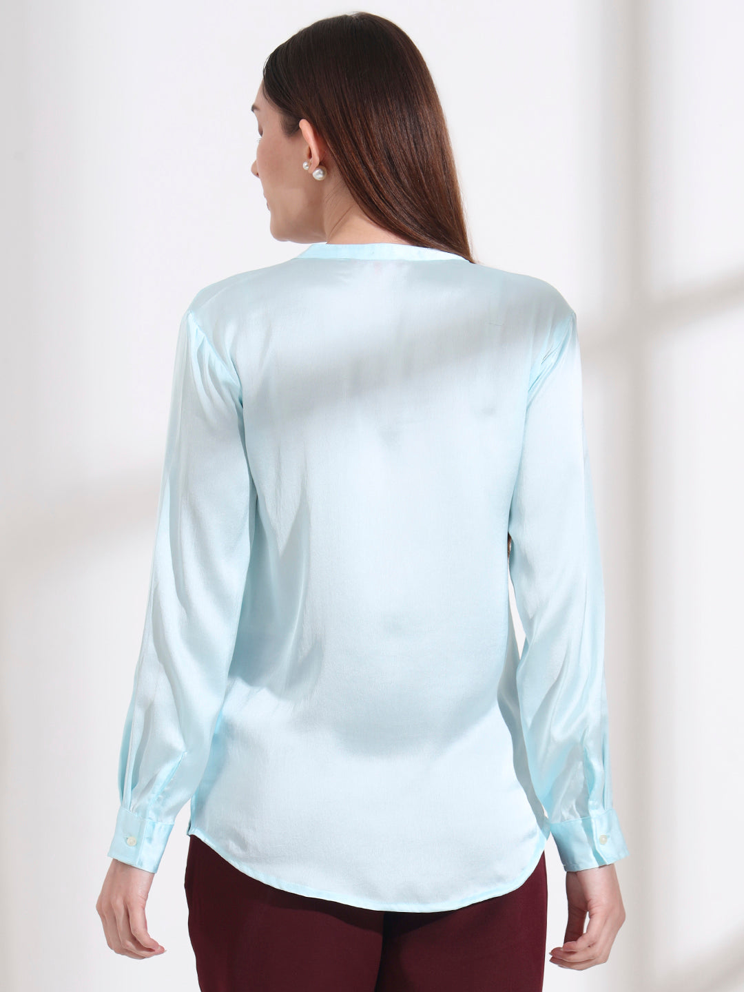 Summer Satin Light Cyan Front Pleated Tunic