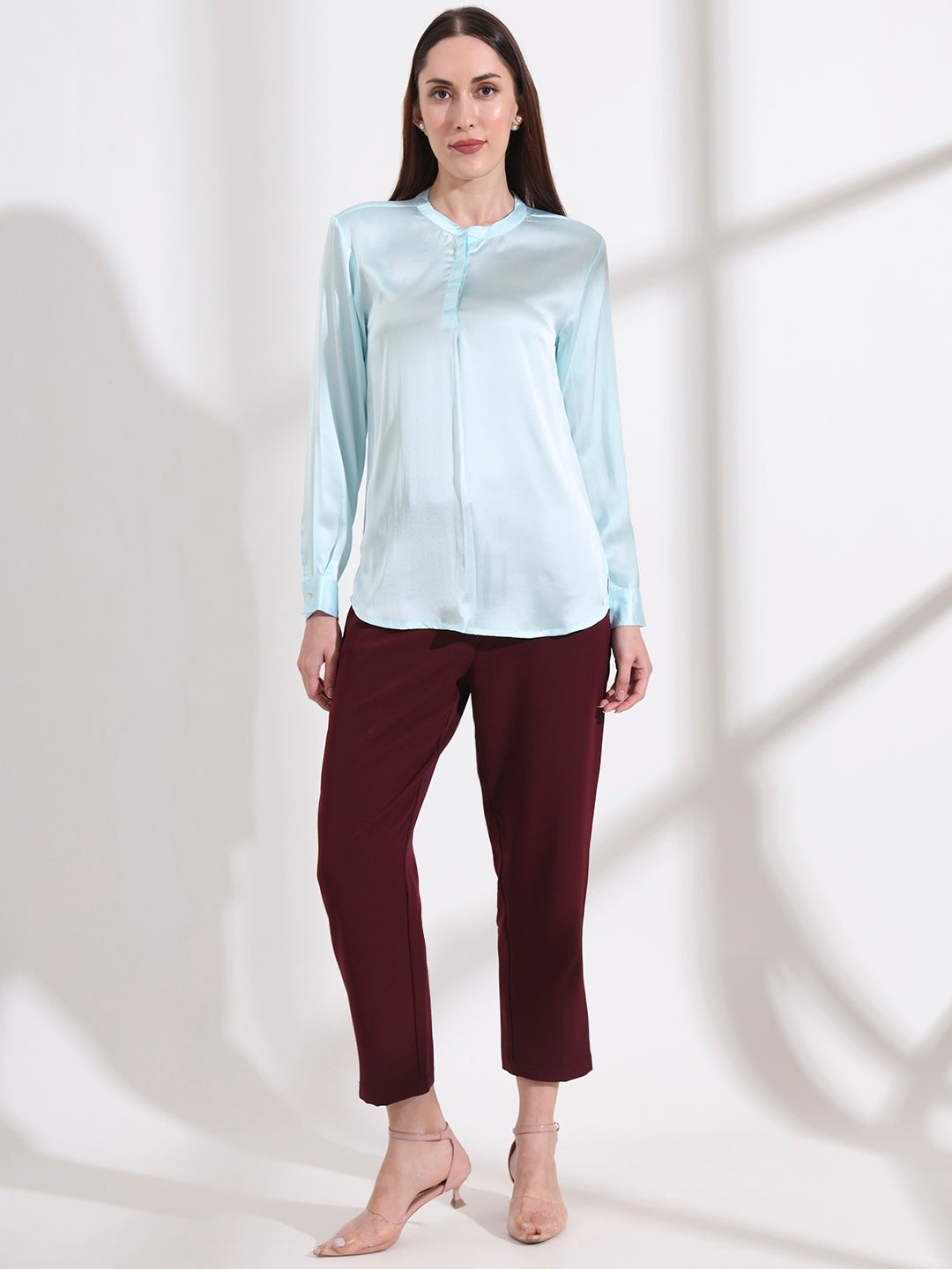 Summer Satin Light Cyan Front Pleated Tunic