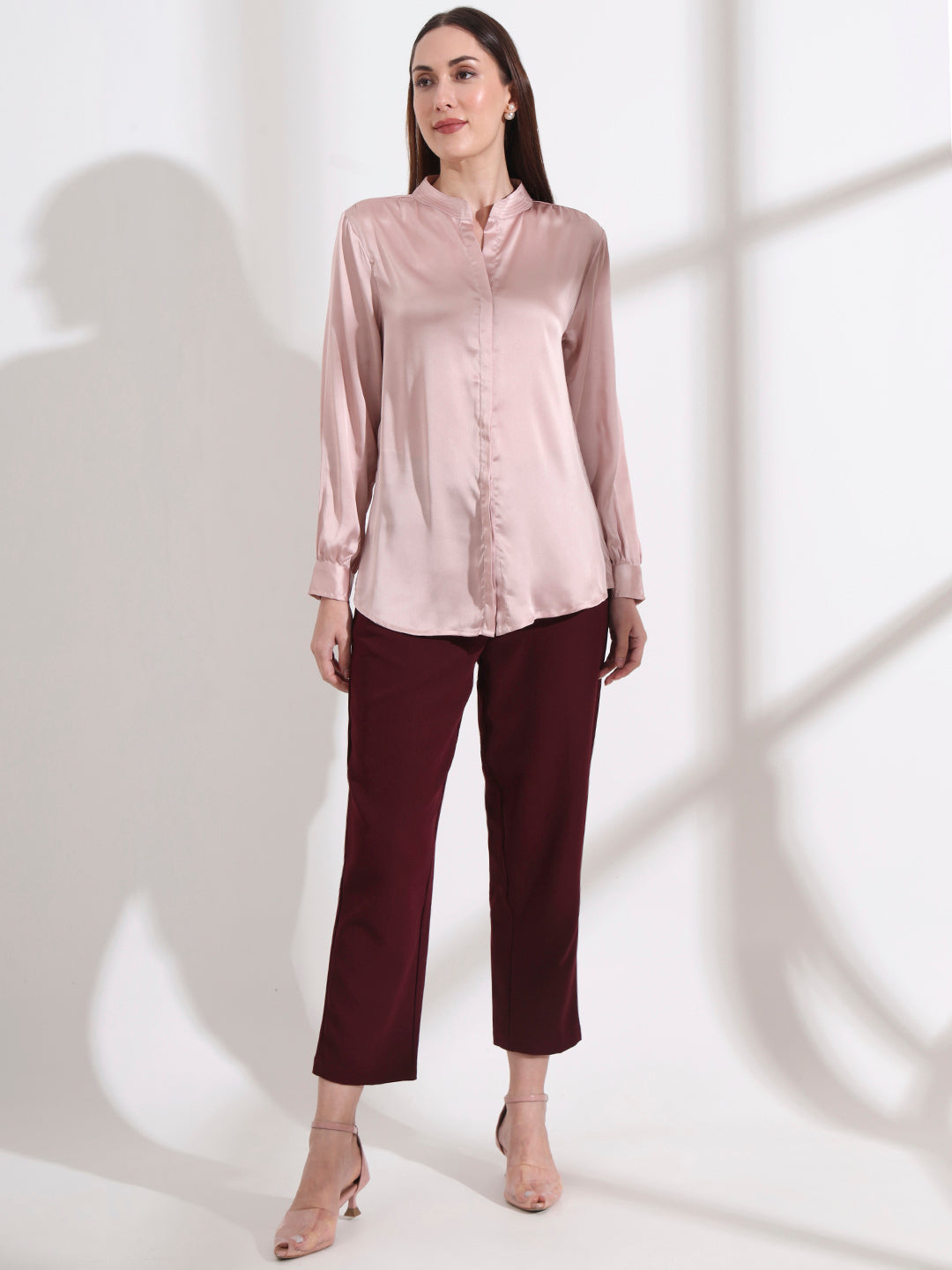 Summer Satin Orchid Pink Mandarin Collar Shirt