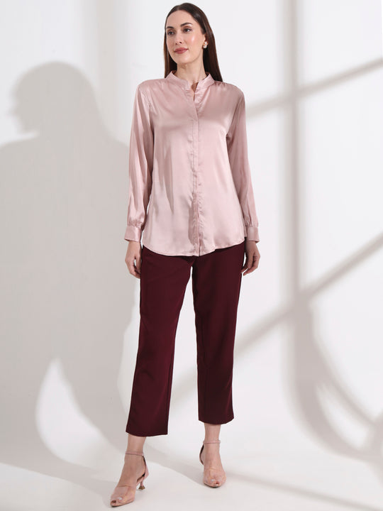 Summer Satin Orchid Pink Mandarin Collar Shirt