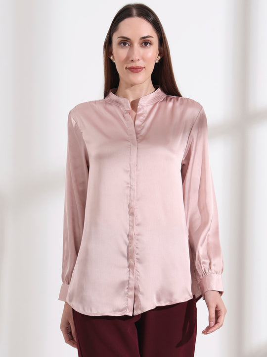 Summer Satin Orchid Pink Mandarin Collar Shirt