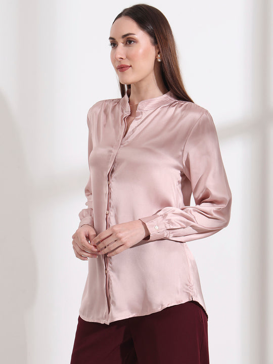 Summer Satin Orchid Pink Mandarin Collar Shirt