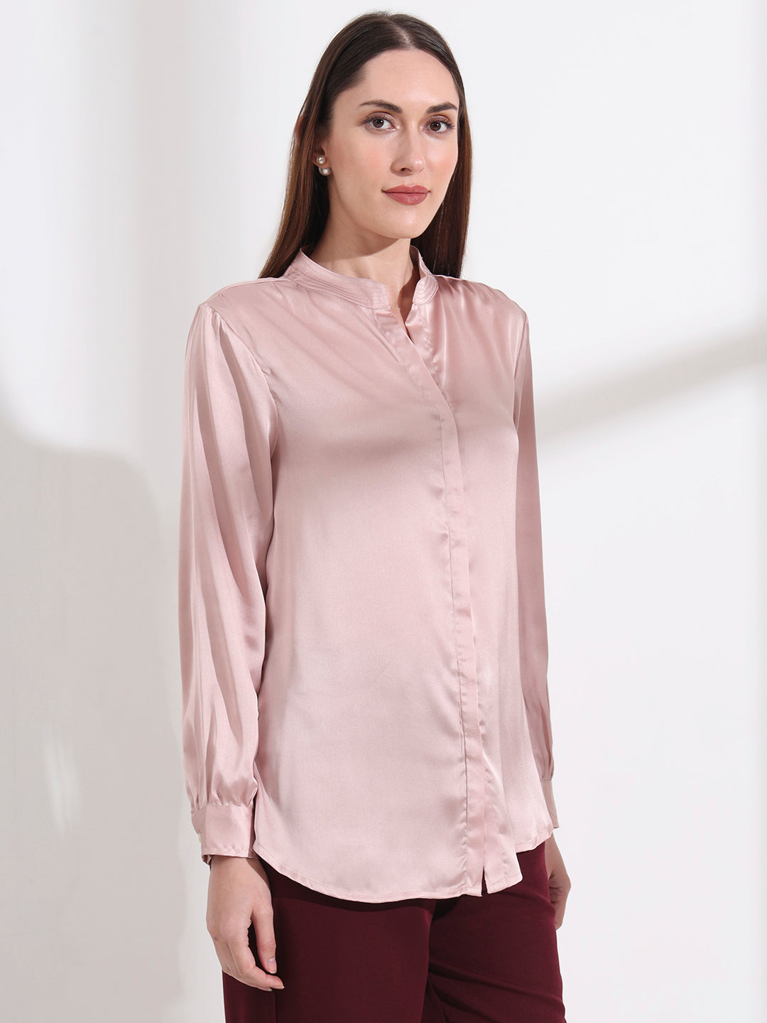 Summer Satin Orchid Pink Mandarin Collar Shirt