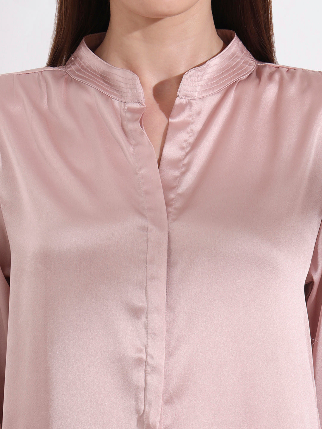 Summer Satin Orchid Pink Mandarin Collar Shirt