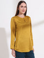 Womens Premium Summer Satin Mettalic Gold Mandarin Collar Button Tunic