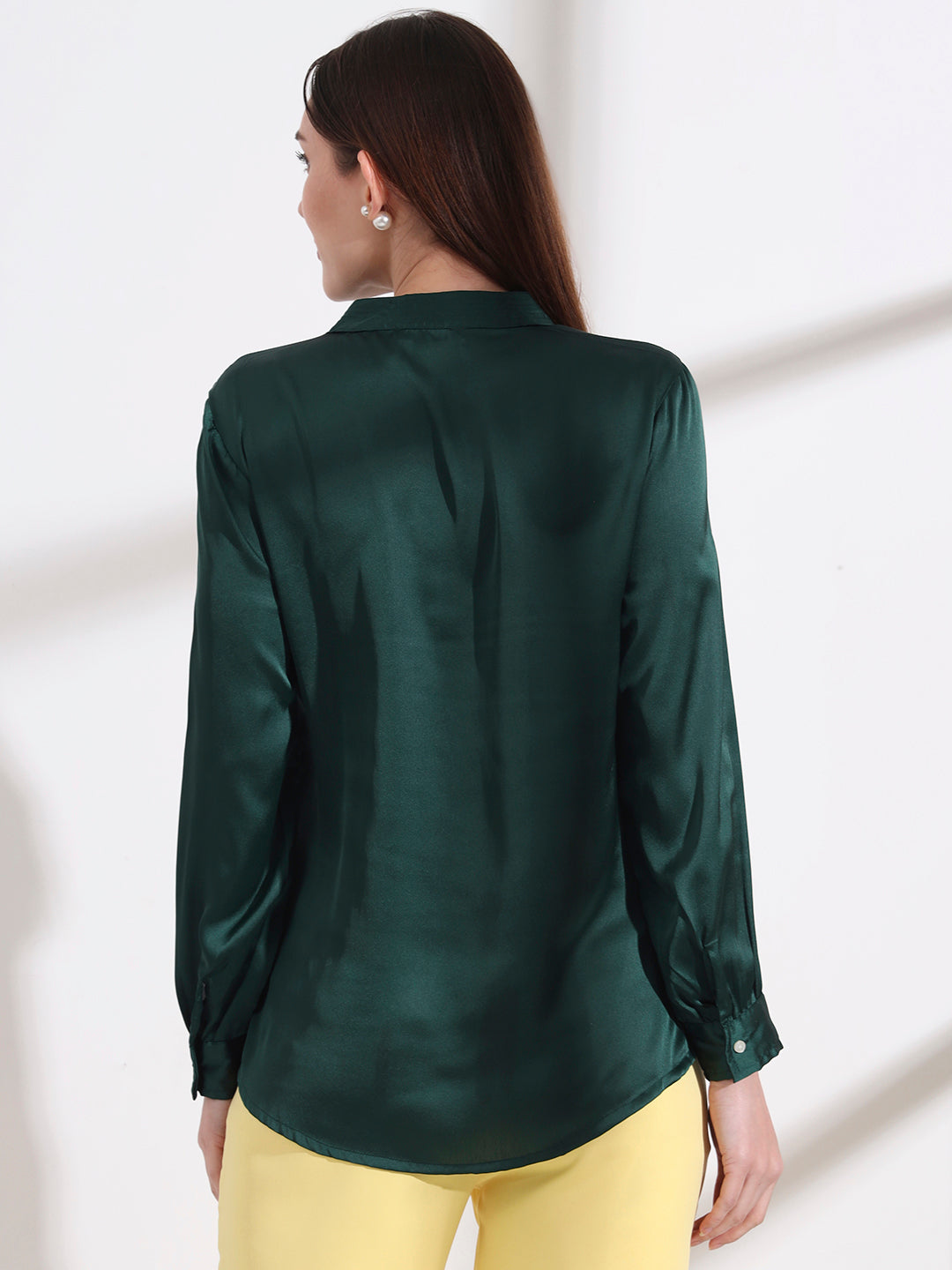 Summer Satin Emerald Green Mandarin Collar Shirt