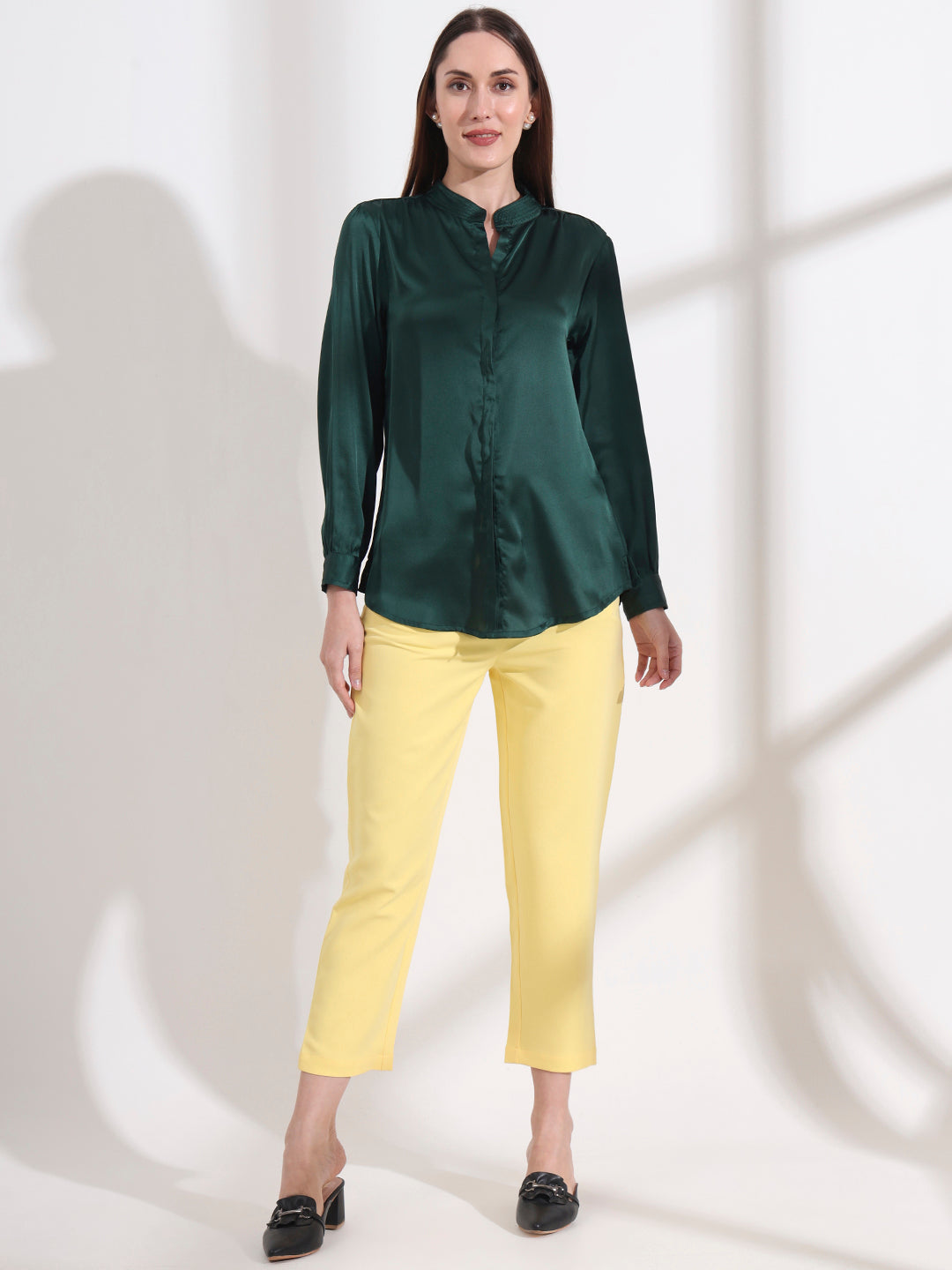 Summer Satin Emerald Green Mandarin Collar Shirt