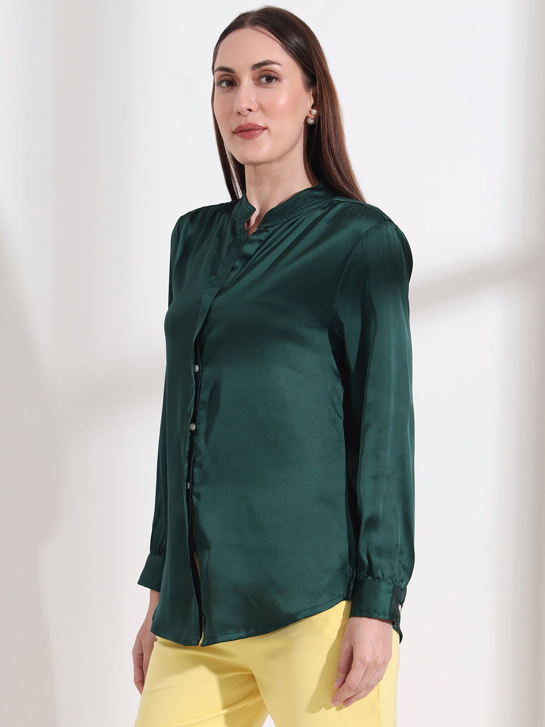 Summer Satin Emerald Green Mandarin Collar Shirt