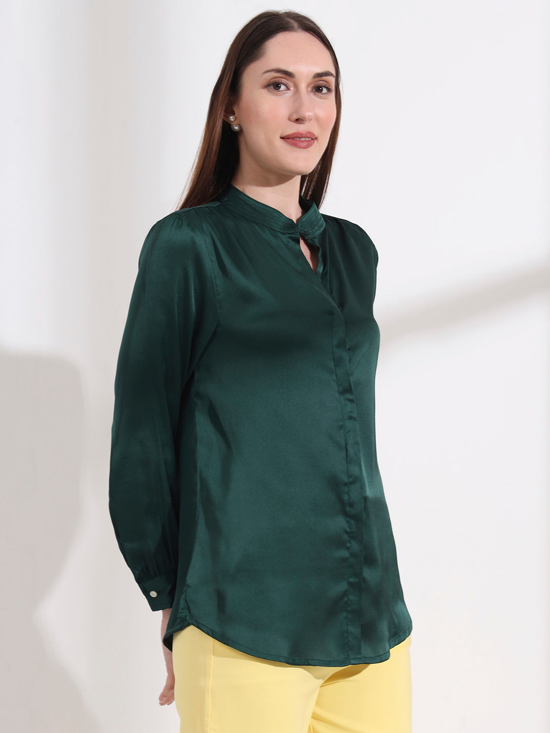 Summer Satin Emerald Green Mandarin Collar Shirt