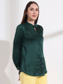 Summer Satin Emerald Green Mandarin Collar Shirt