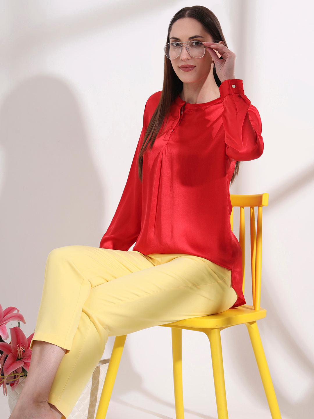 Summer Satin Red Front Pleated Tunic