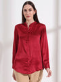 Summer Satin Maroon Mandarin Collar Shirt