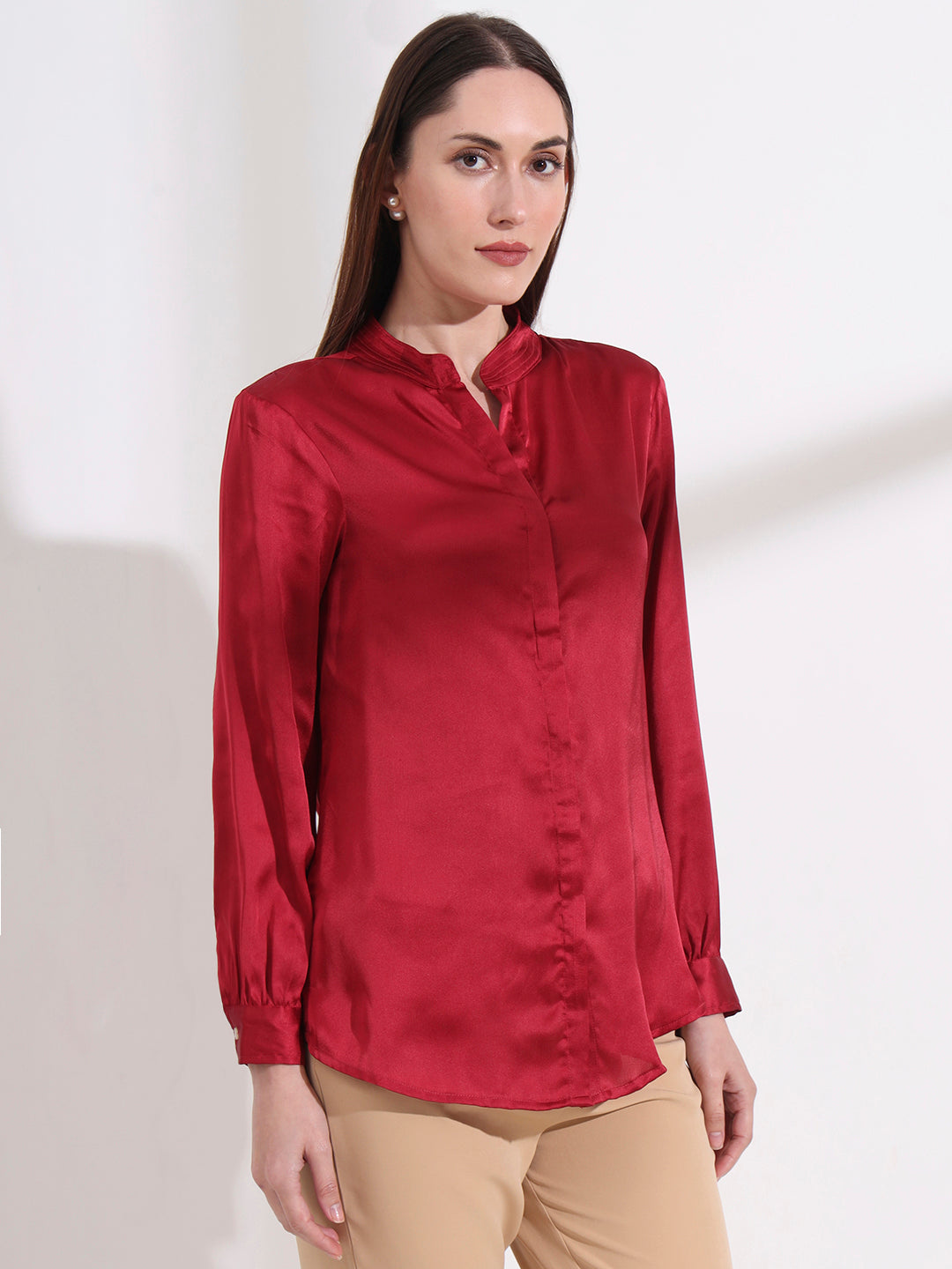 Summer Satin Maroon Mandarin Collar Shirt