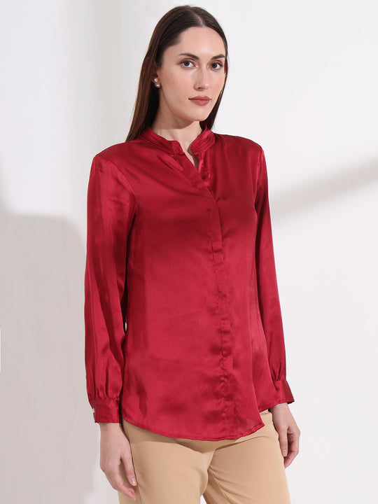 Summer Satin Maroon Mandarin Collar Shirt