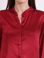 Summer Satin Maroon Mandarin Collar Shirt