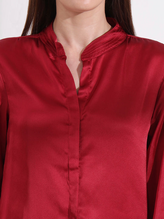 Summer Satin Maroon Mandarin Collar Shirt